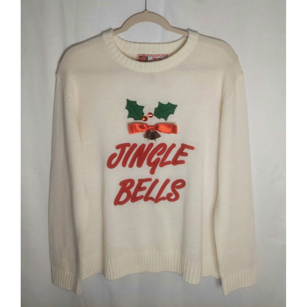 Merry Christmas Jingle Bells Cream Knit LS Ugly Holiday Sweater Size Medium EUC